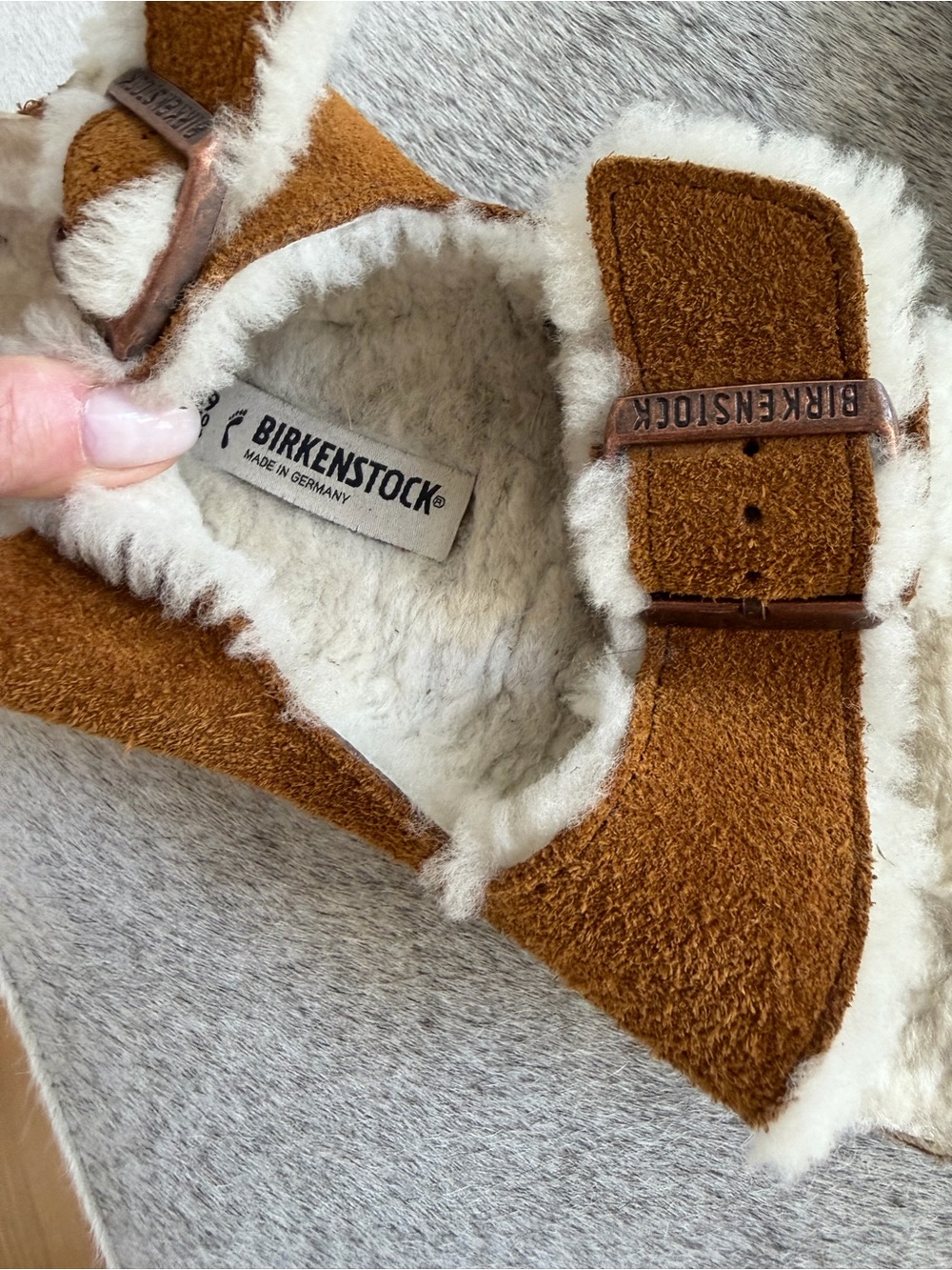 Birkenstock Suede Double Strap Slippers - Chestnut Brown & Cream - Picture 4 of 4
